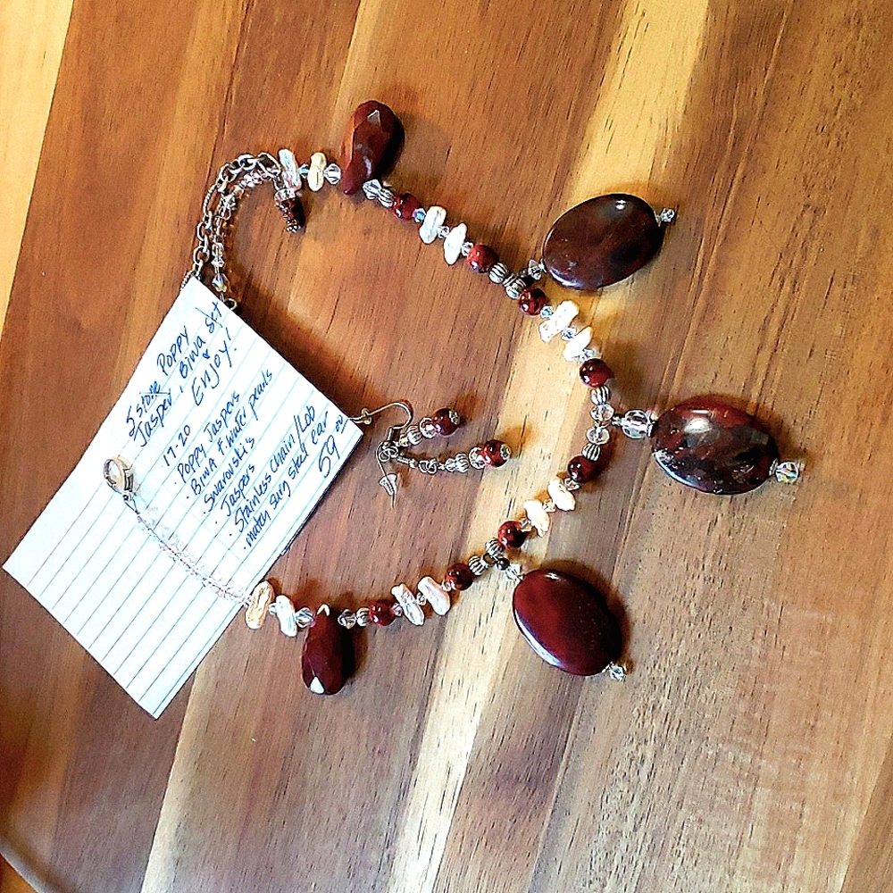5 stone Poppy Jasper, Crystal and Biwa Pearls. Adjustable 17" to 20"  w earrings